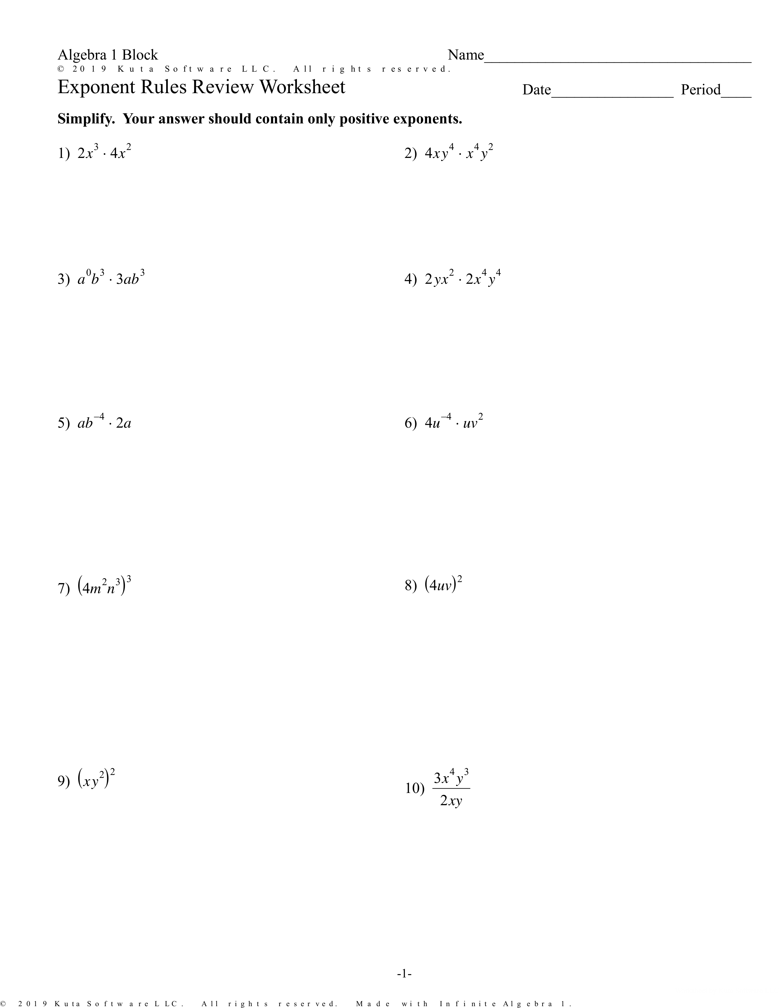 Exponent Rules Review Worksheet - Math Teachers | Library | Formative