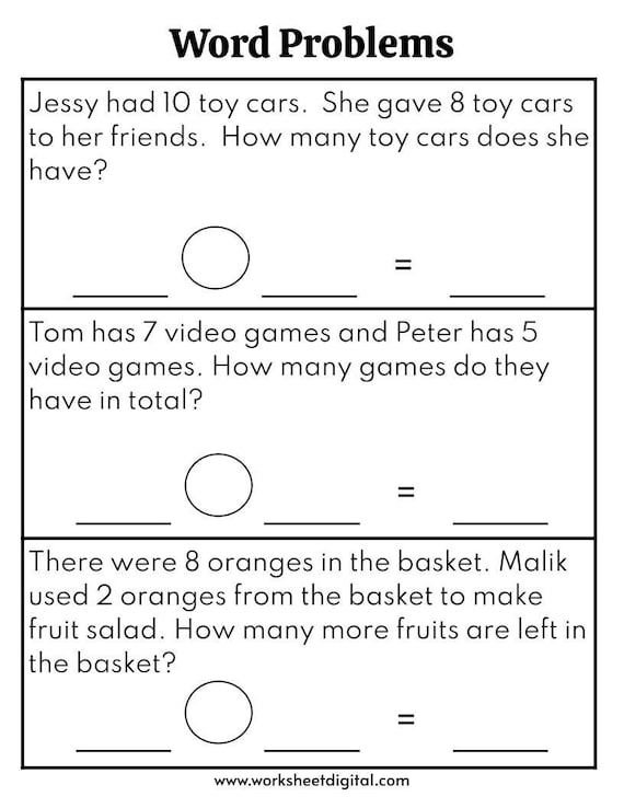 Word Problems Worksheet for 1st Grade, 2nd Grade, Math Worksheet