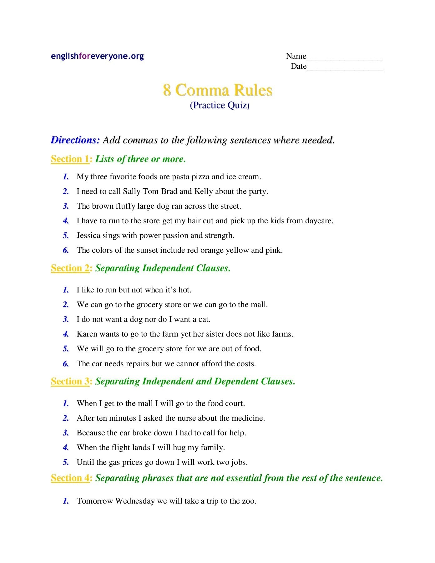 8 Comma Rules - English Worksheets - Worksheets Library
