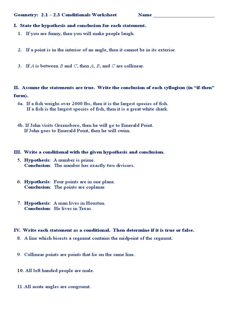 2.1-2.3 WS Conditionals | PDF | Angle | Geometry - Worksheets Library