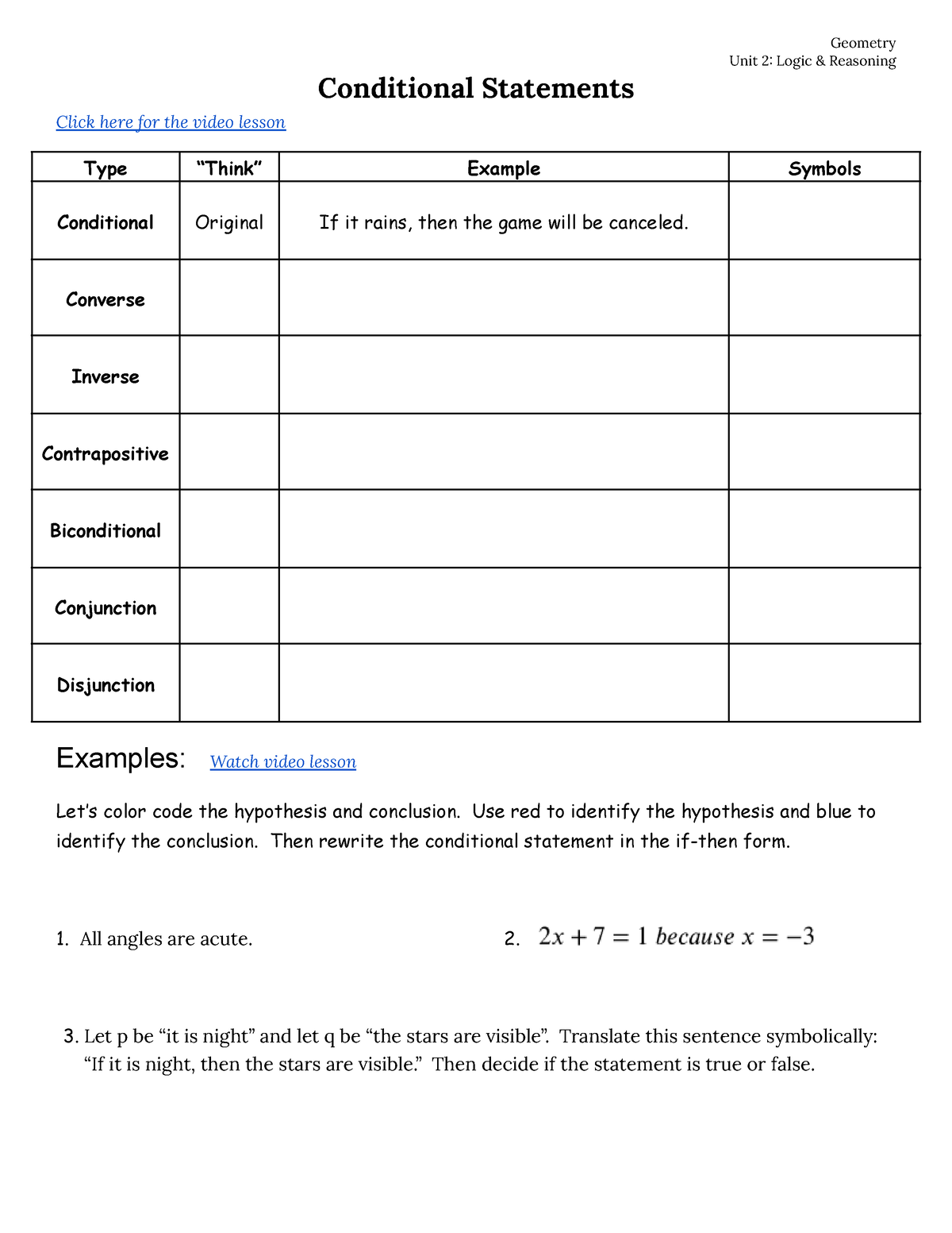 Geom Unit 2 Lesson 1 Conditional Statements Geometry Unit 2 Worksheets Library