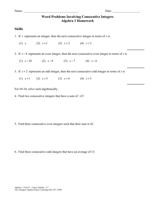 Word Problems Involving Consecutive Integers Algebra 1 - Worksheets