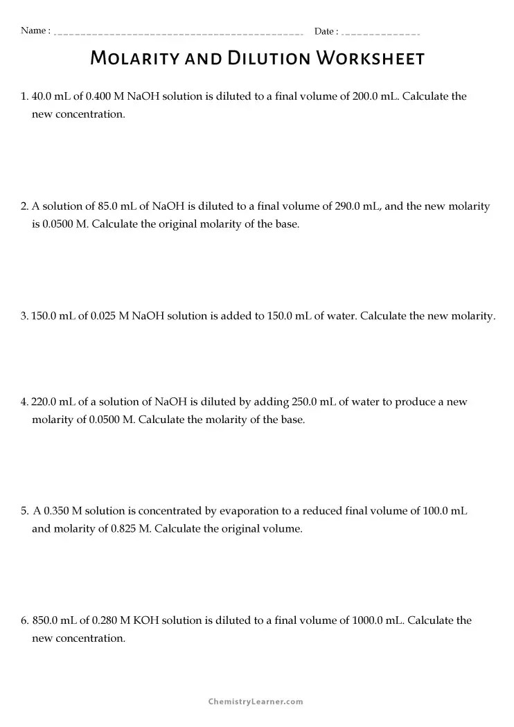 Free Printable Molarity and Dilution Worksheets - Worksheets Library
