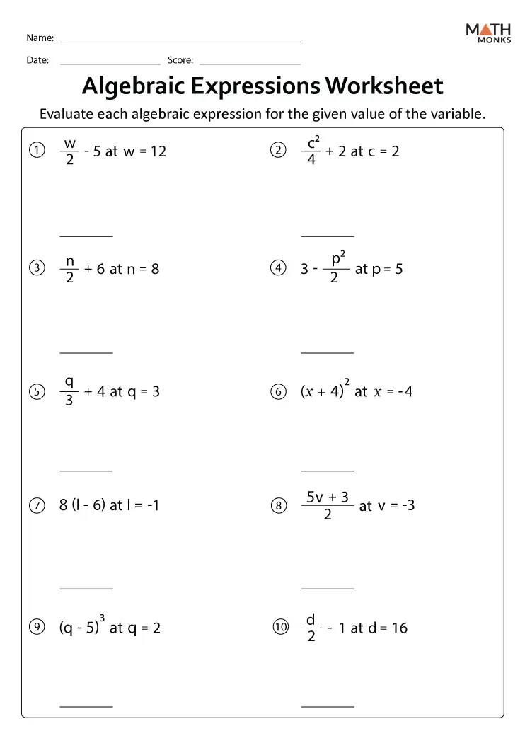 Algebraic Expressions Worksheets Math Monks Worksheets Library