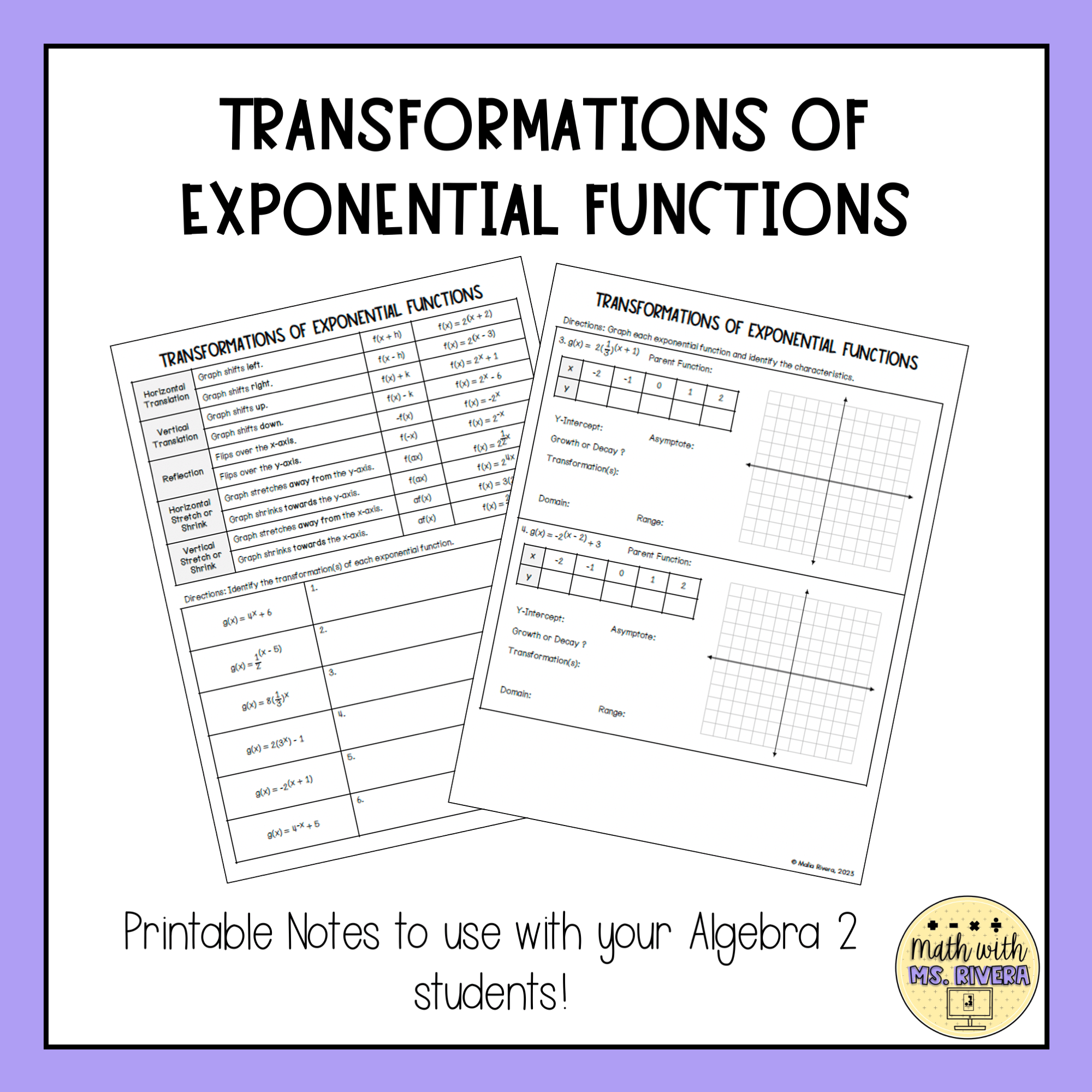 Transformations of Exponential Functions Guided Notes for Algebra