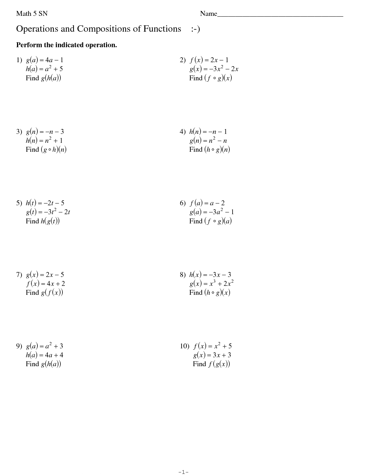 SOLUTION Algebra operations and composition of functions exam Worksheets Library