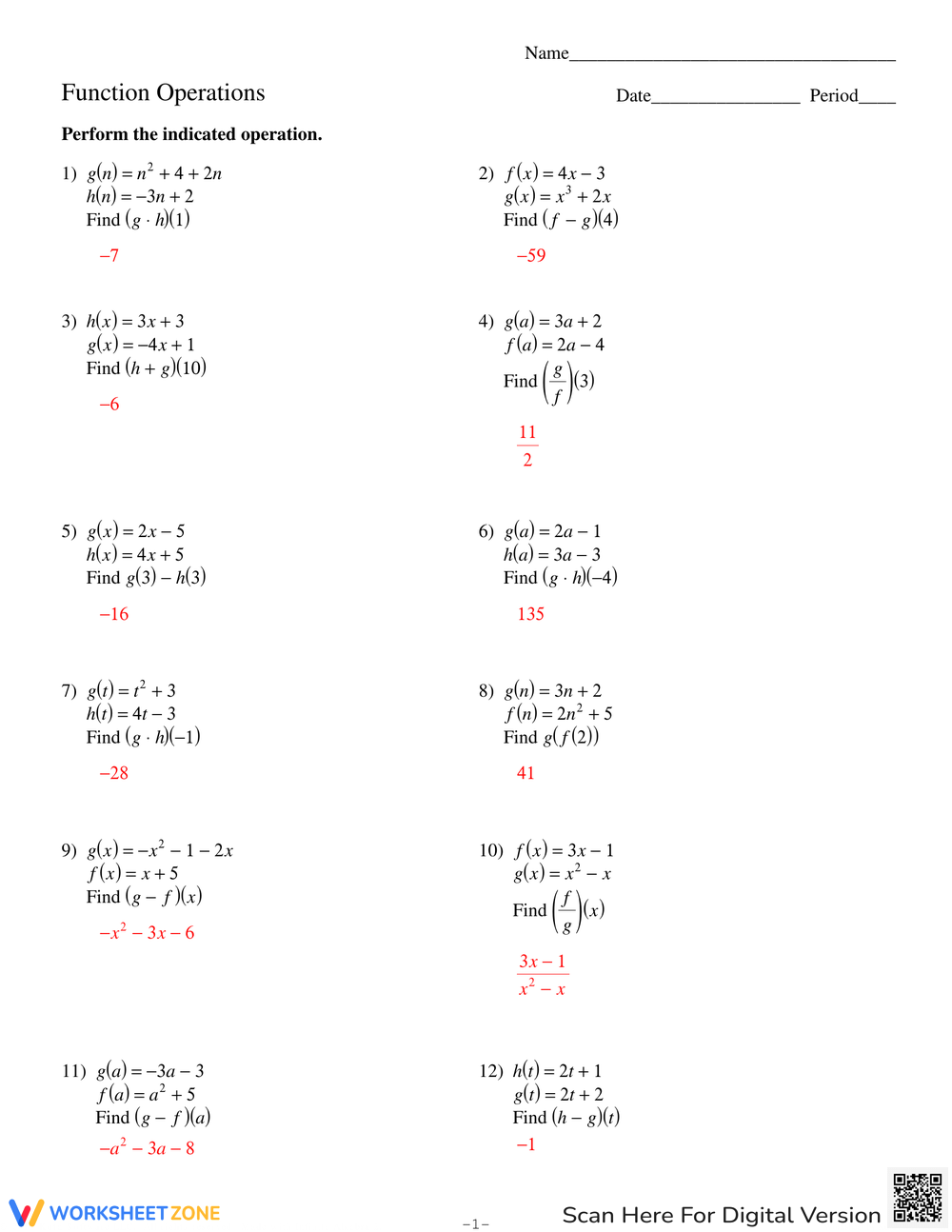 Free function operations and composition worksheet, Download Free