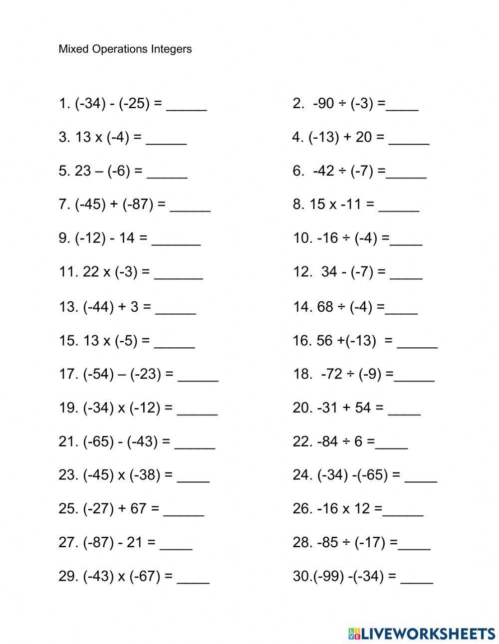 Mixed Operations Integers worksheet | Live Worksheets - Worksheets Library