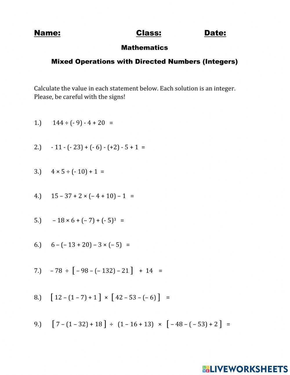 Free integer operations worksheet, Download Free integer operations