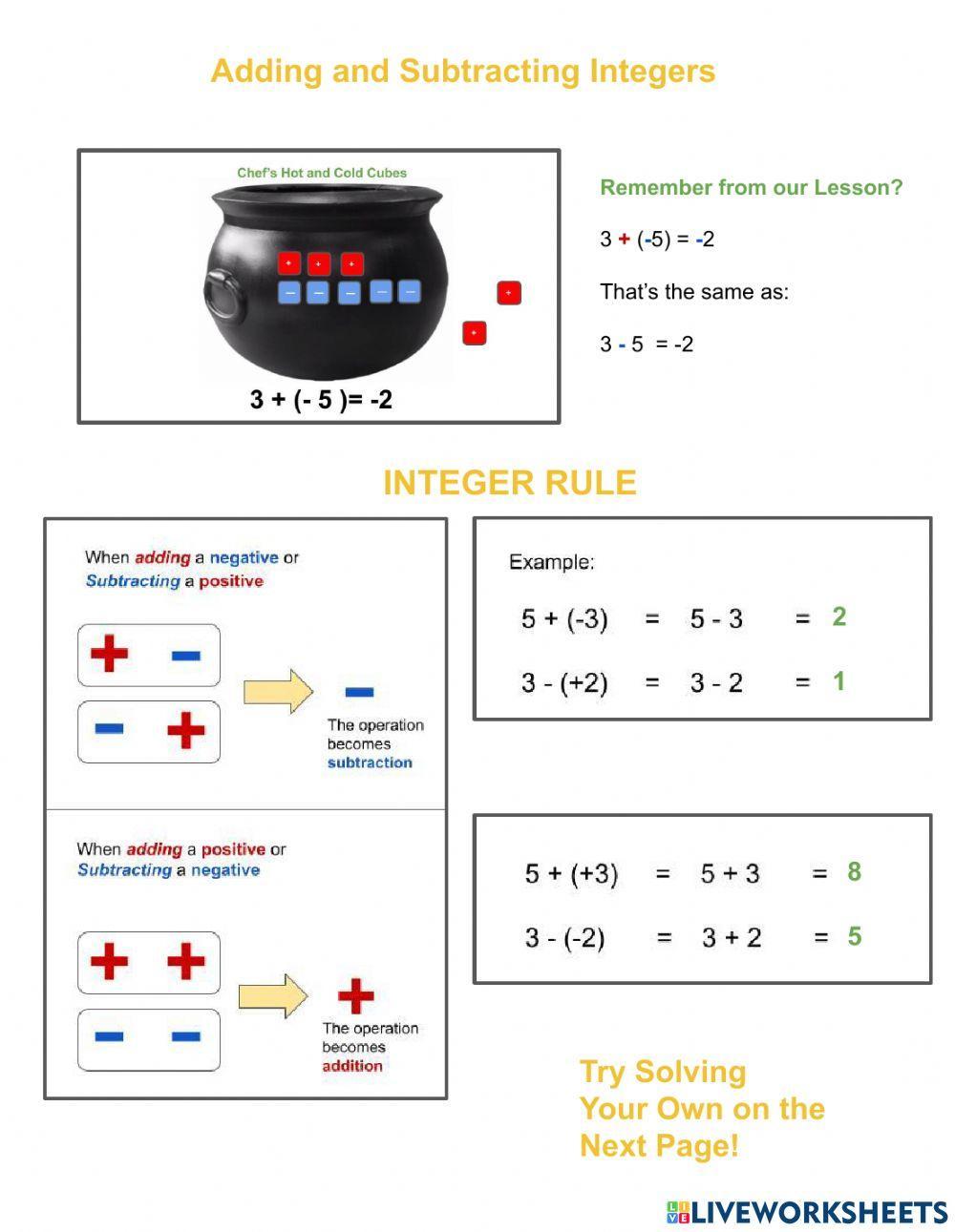 Adding and Subtracting Integers 2 : Integer Rule worksheet | Live