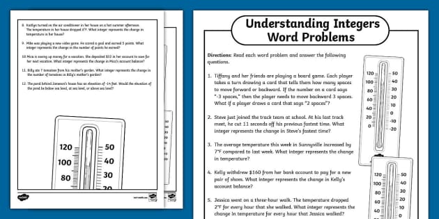 Sixth Grade Understanding Integers Word Problems - Twinkl - Worksheets