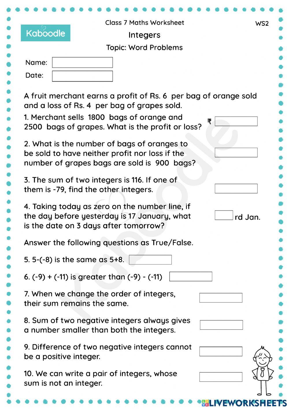 Integers (Word Problems) | kaboodle | Live Worksheets - Worksheets Library