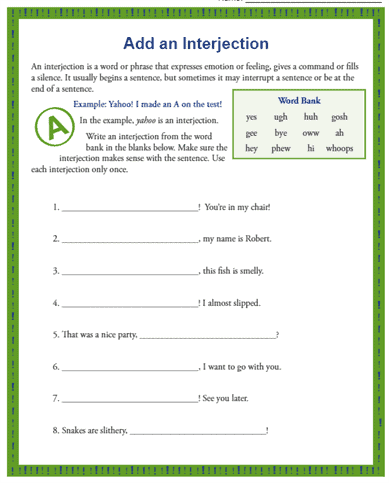 Add an Interjection - Reading Worksheets, Spelling, Grammar