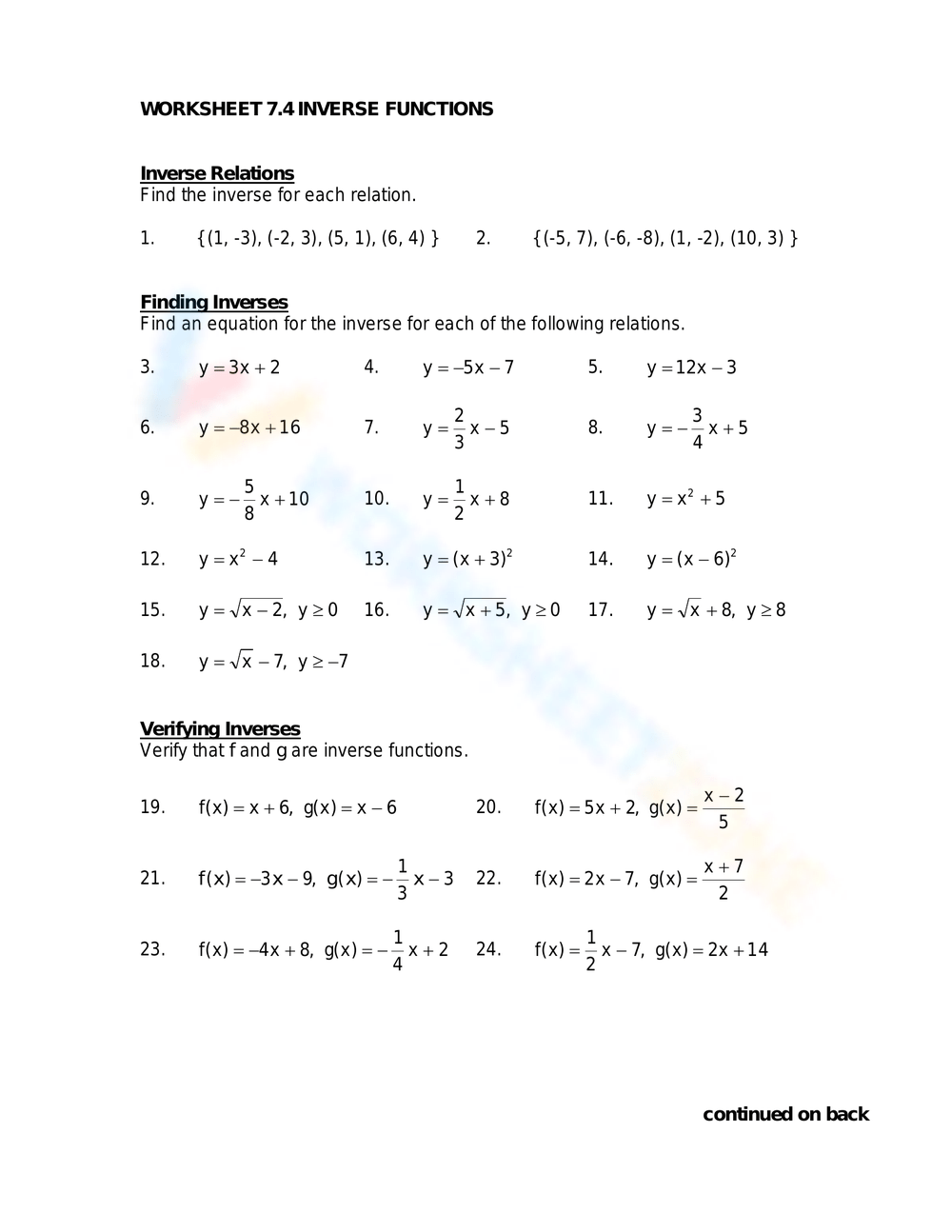 Free Printable Inverse Functions Worksheets for Students - Worksheets