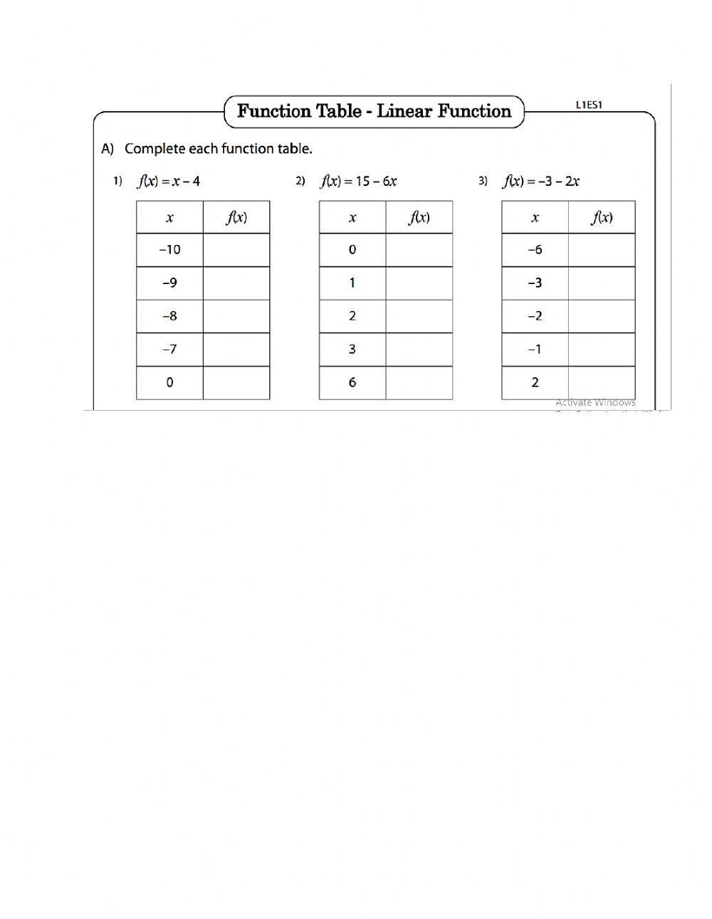 Function Table - Linear Function worksheet | Live Worksheets