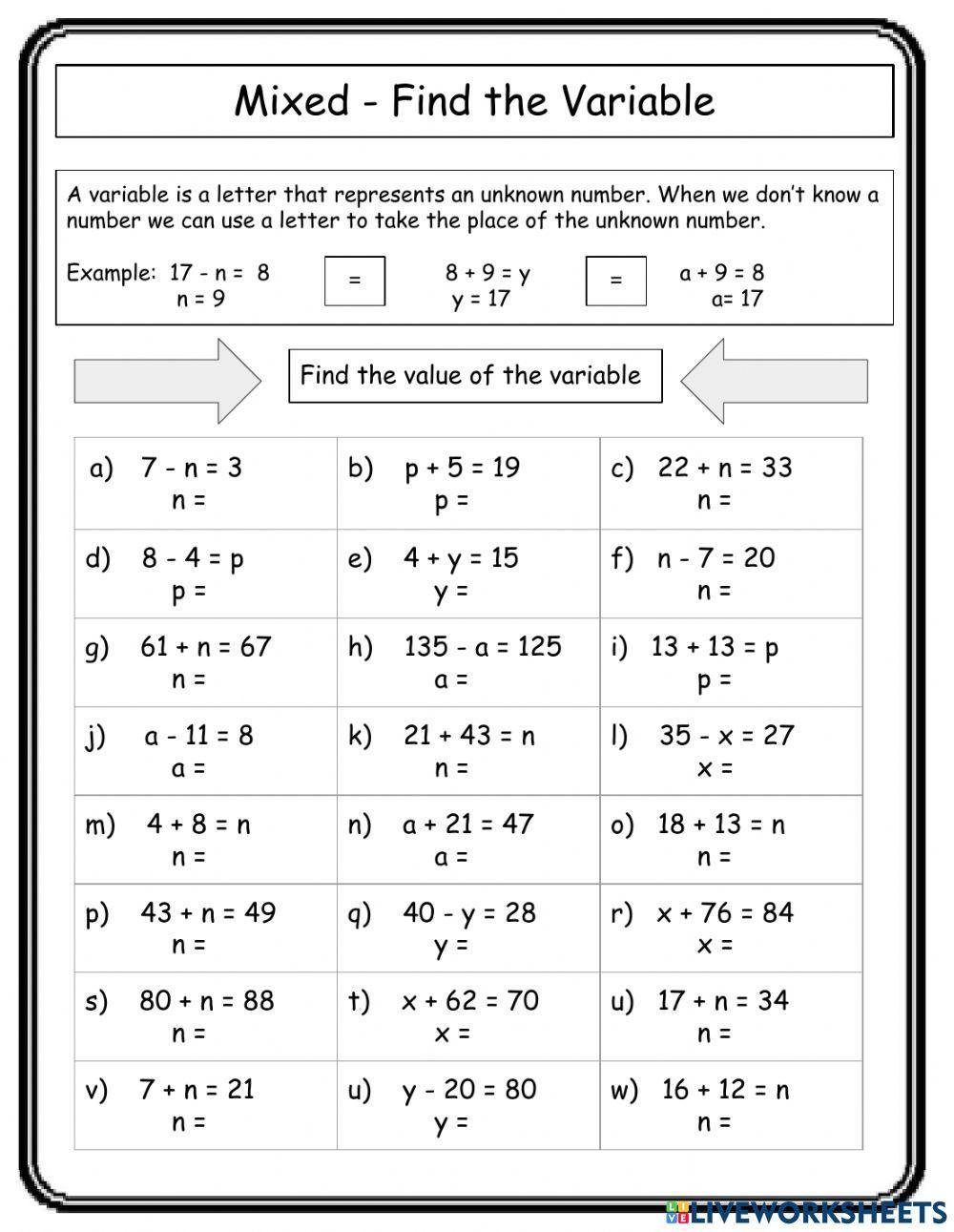 Mixed Find the Variable - Grade 3 worksheet | Live Worksheets
