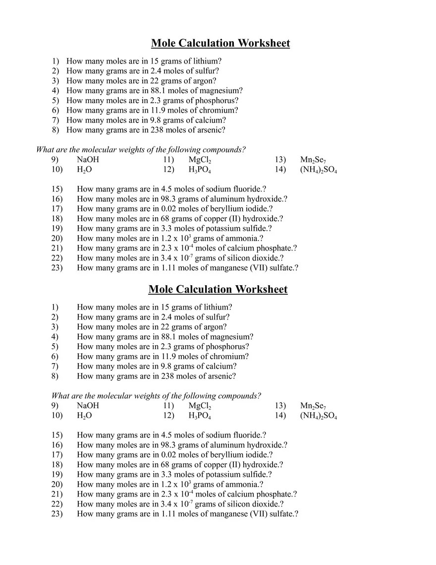 Mole Calculation Worksheet WinstonSalem Forsyth County Schools