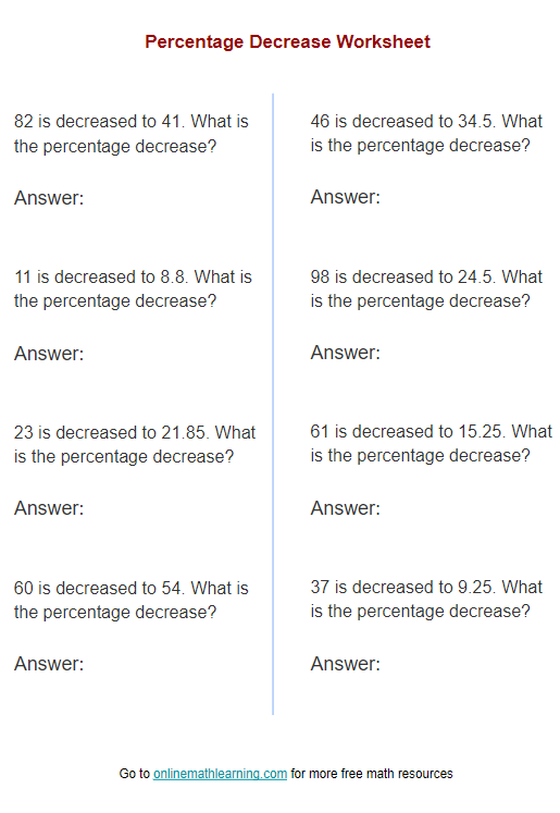 Free percent increase and decrease word problems worksheet with answers