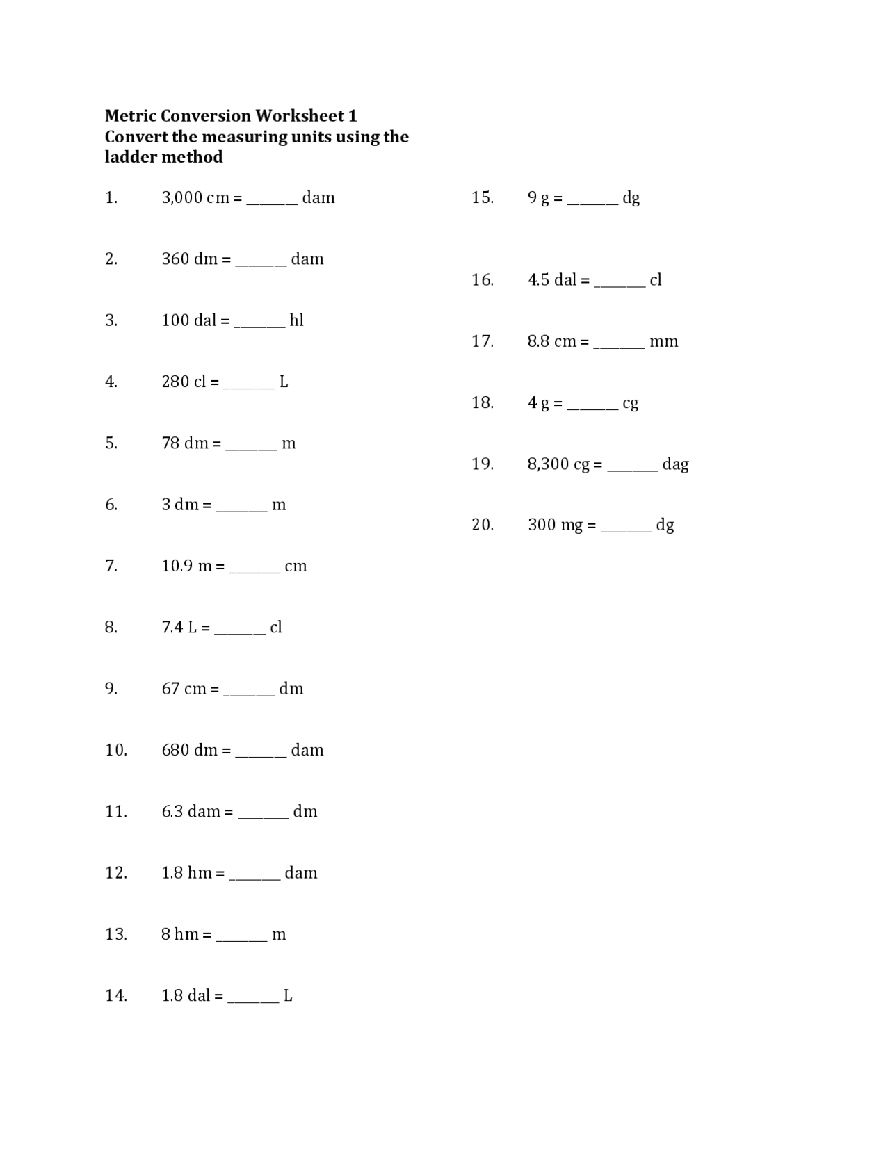Metric Conversion Worksheet 1 Lecture notes Physics Docsity