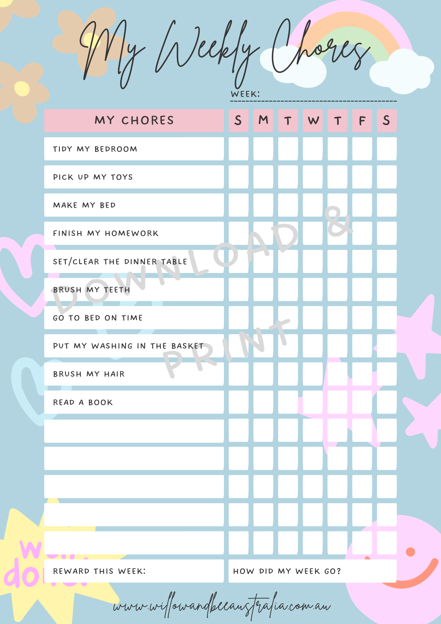 Kids Chore Chart Blue PDF Printable Template Worksheets Library