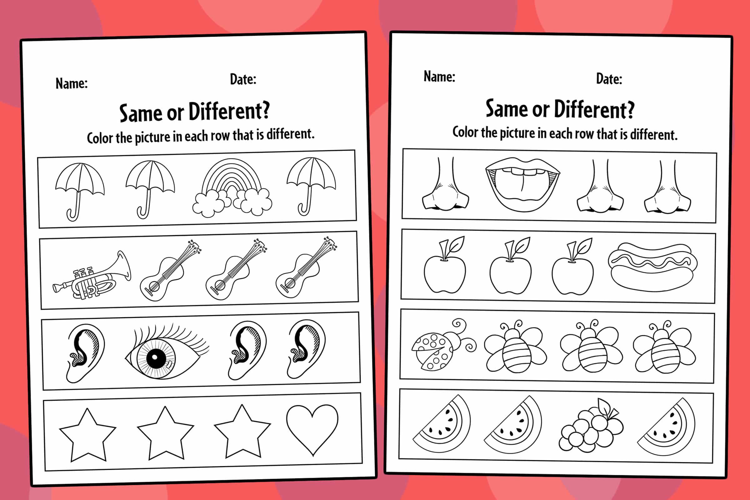 Same and different worksheets for preschool FREE download