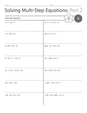 Solving Multi-Step Equations Worksheet for 8th - 9th Grade