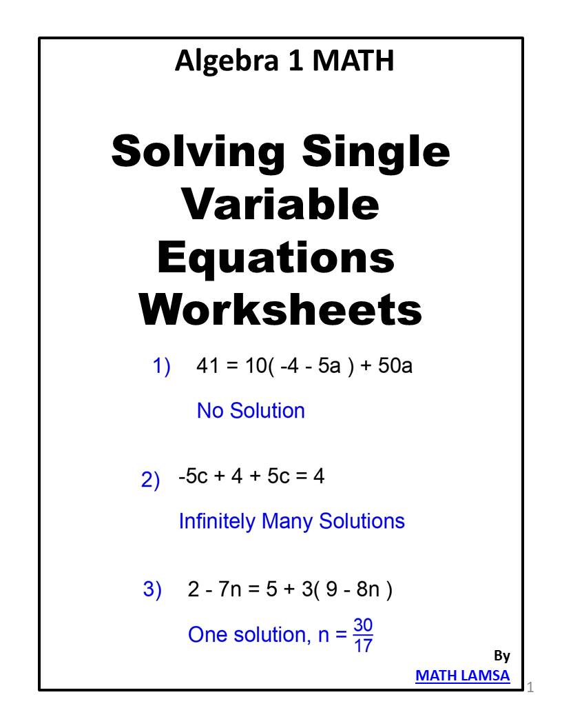 Free solving single variable equations worksheet, Download Free solving