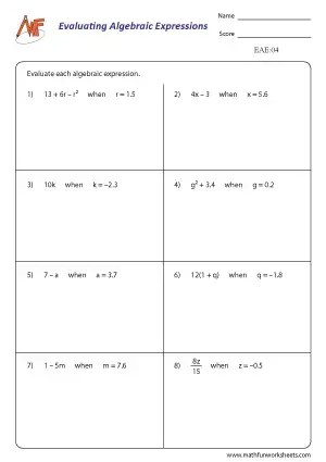 Algebraic Expression - Grades 6 to 8 - Math Fun Worksheets - Worksheets