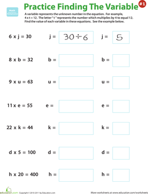 Practice Finding the Variable #1 | Worksheet | Education.com