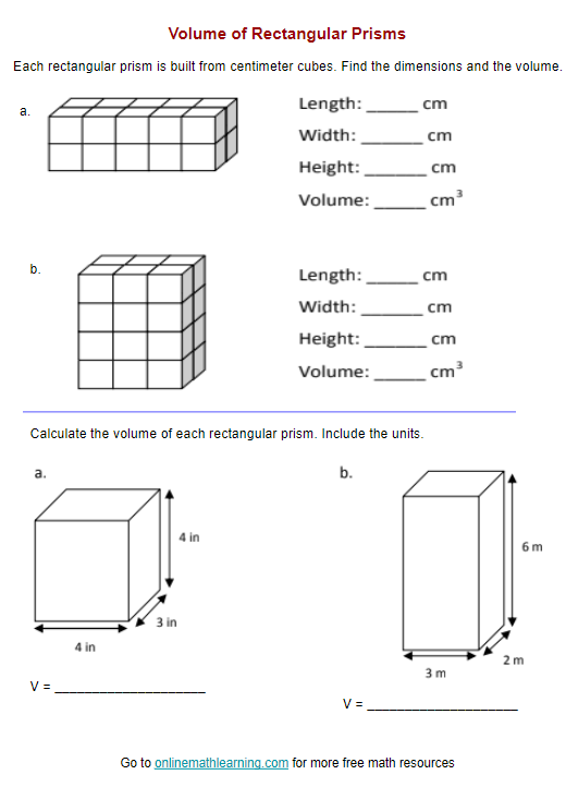 Volume of Rectangular Prism Worksheets (answers, printable, online