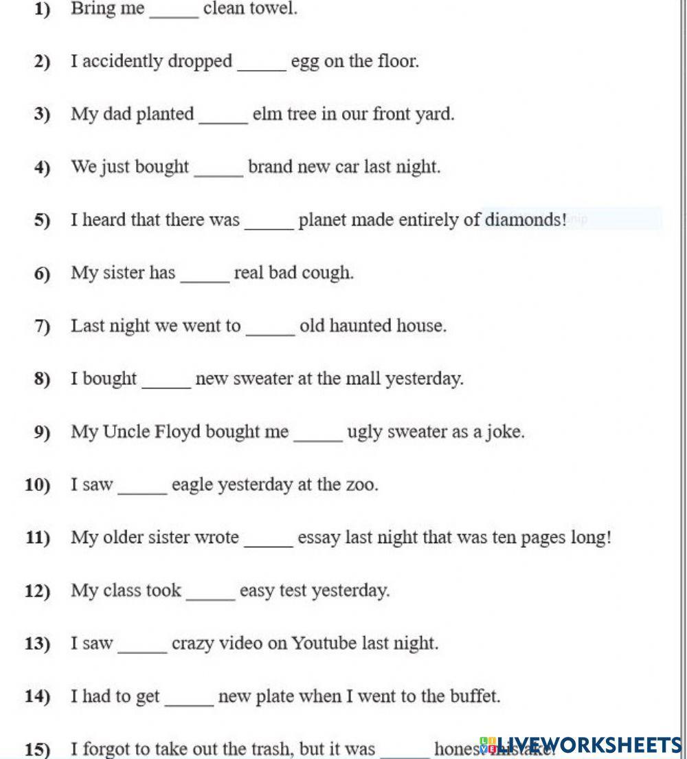 Using A or An Worksheet – English Treasure Trove - Worksheets Library