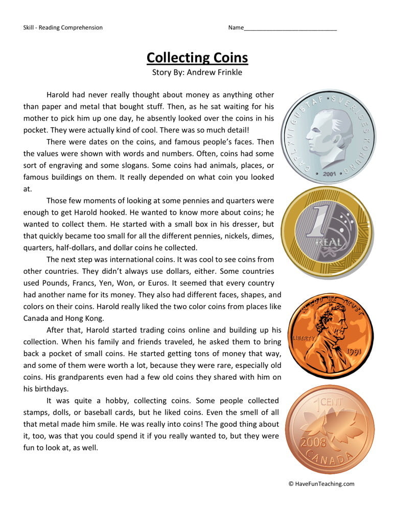 Collecting Coins Reading Comprehension Worksheets WorksheetsCity