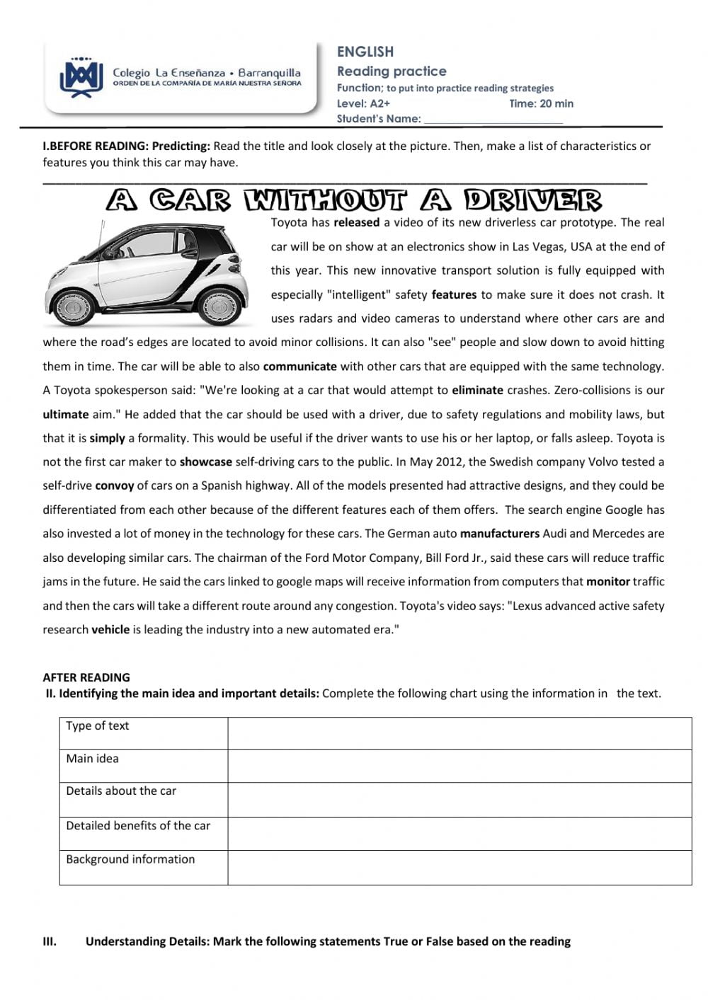 A New Car Reading Comprehension Worksheets WorksheetsCity