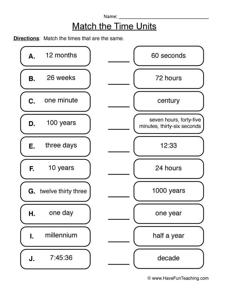 Match The Time Units Worksheets WorksheetsCity