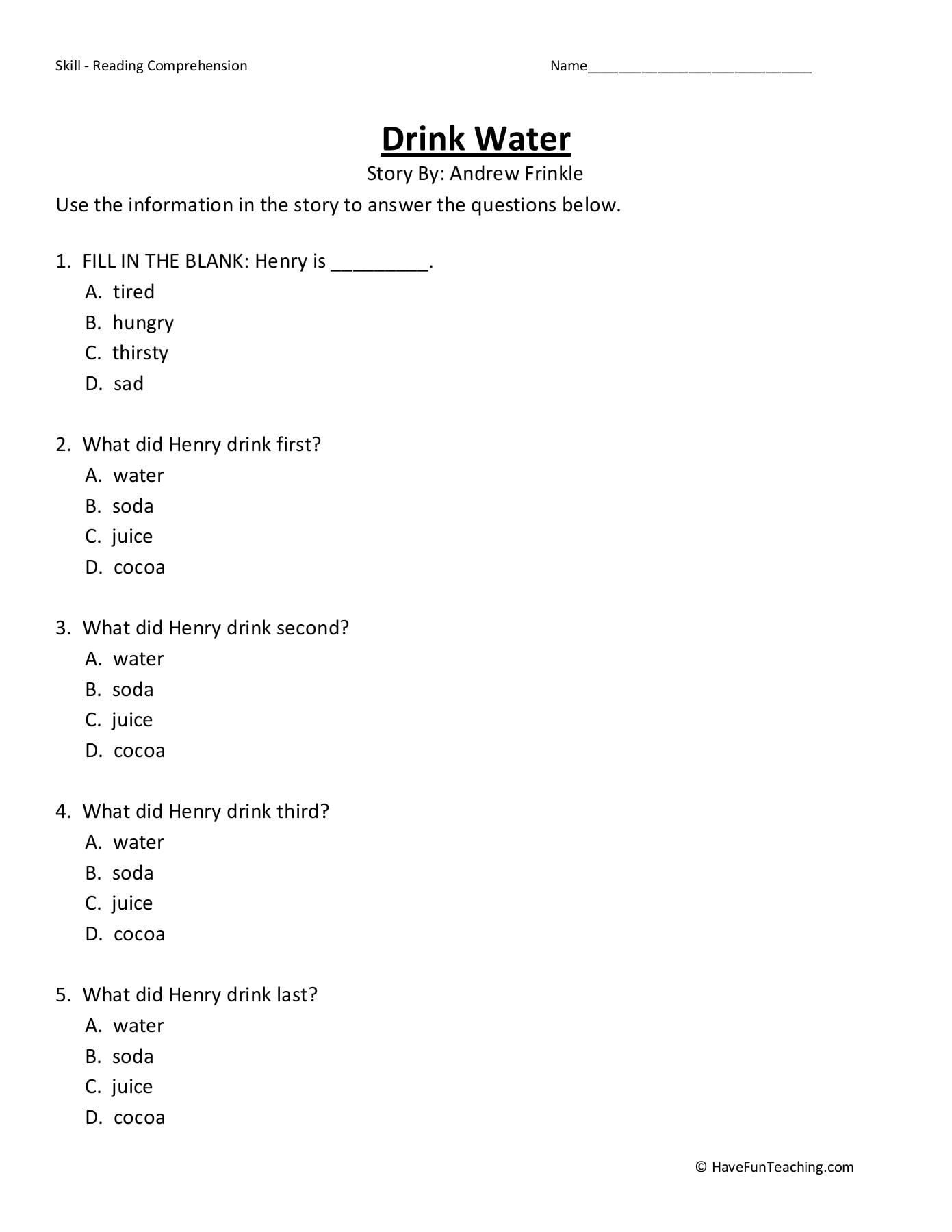 Drink Water Reading Comprehension Worksheets WorksheetsCity
