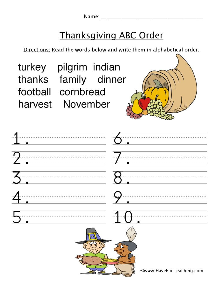Thanksgiving Alphabetical Order Worksheets WorksheetsCity