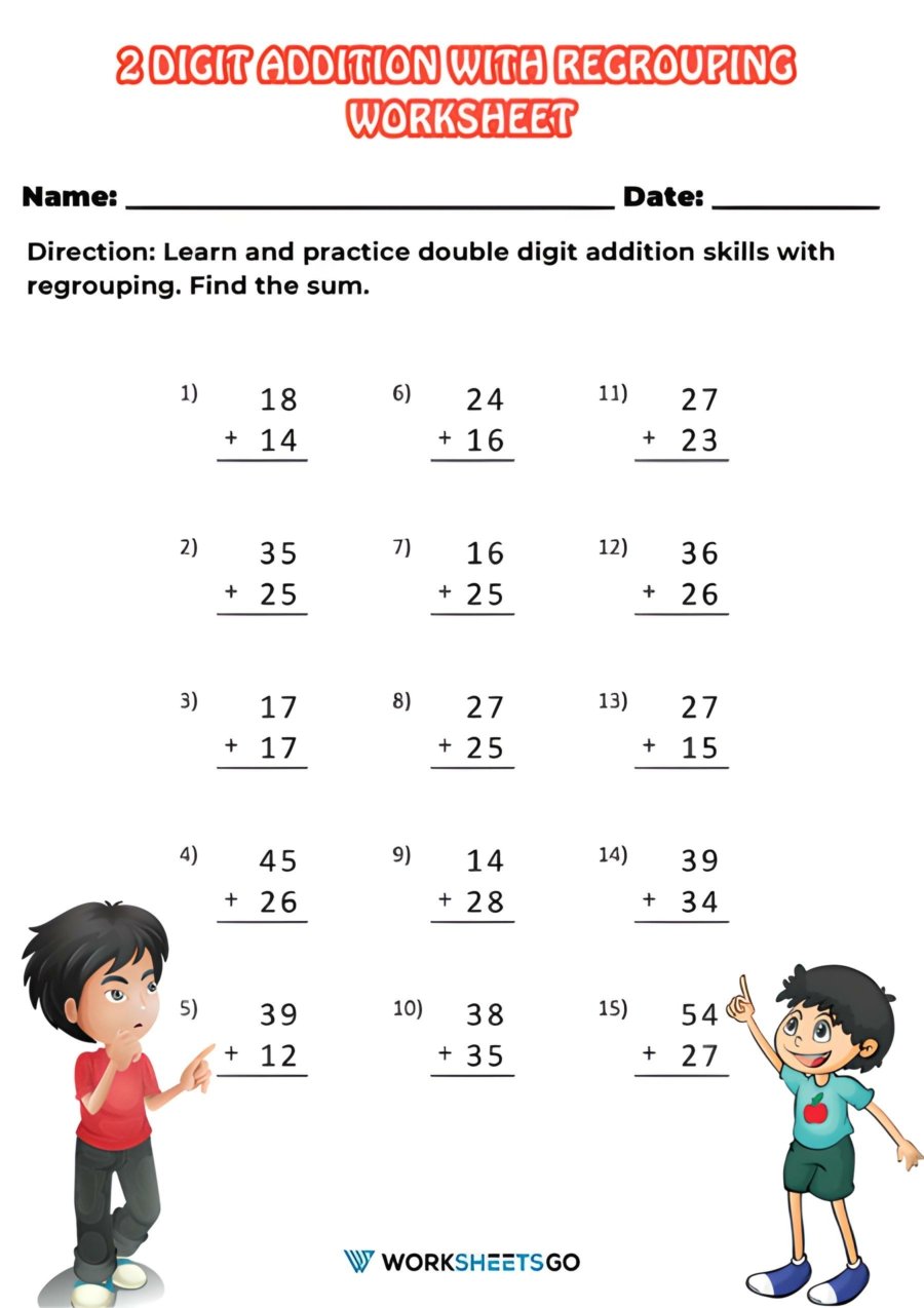 Free Printable 2 Digit Addition With Regrouping Worksheets - FREE