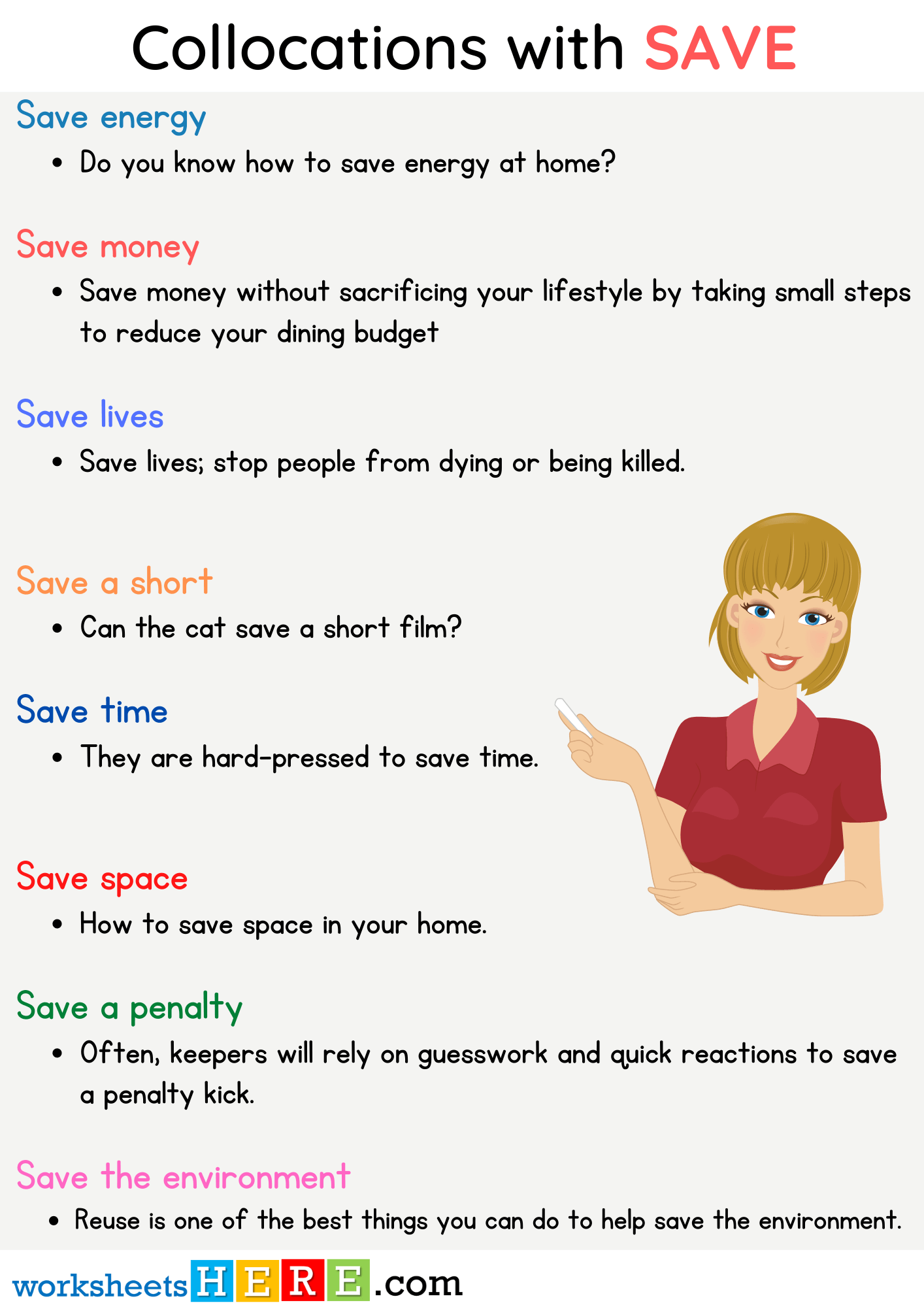 Collocations with SAVE and Example Sentences PDF Worksheet For Kids