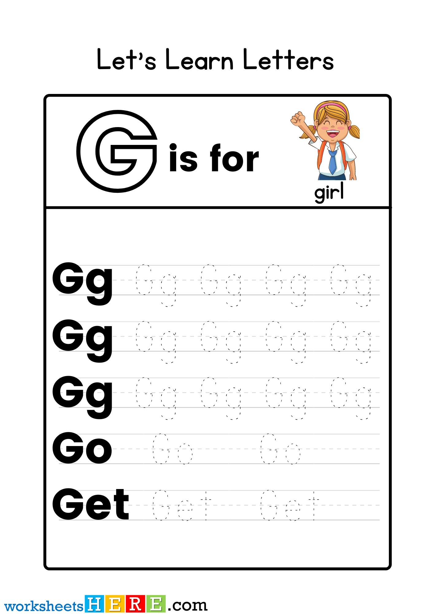 Learn Letters, Letter G Tracing Activity PDF Worksheet for Kindergarten