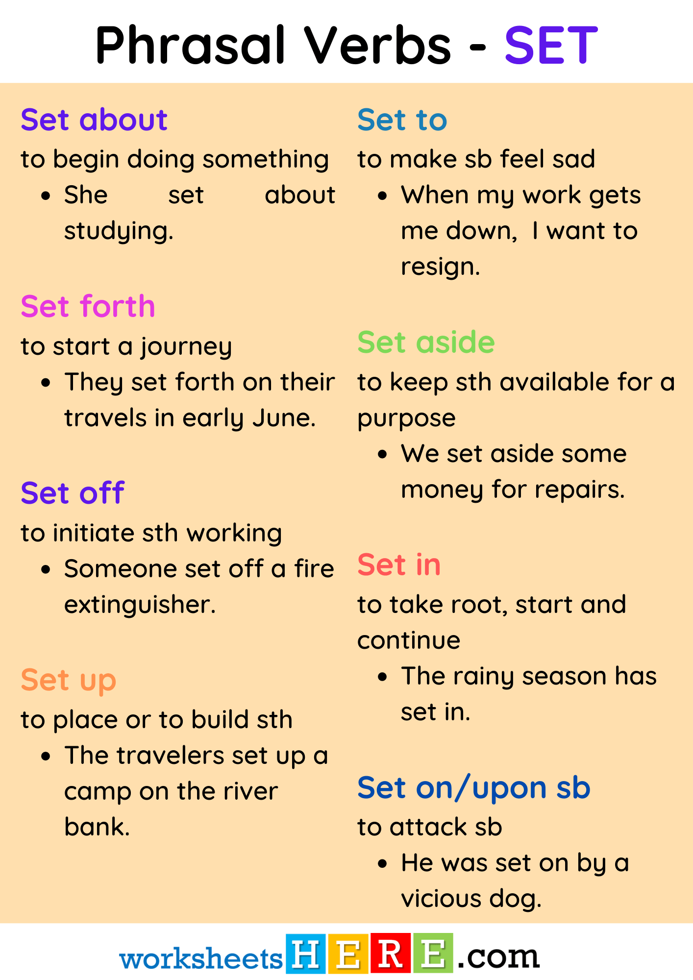 Phrasal Verbs with SET Definition and Example Sentences PDF Worksheet