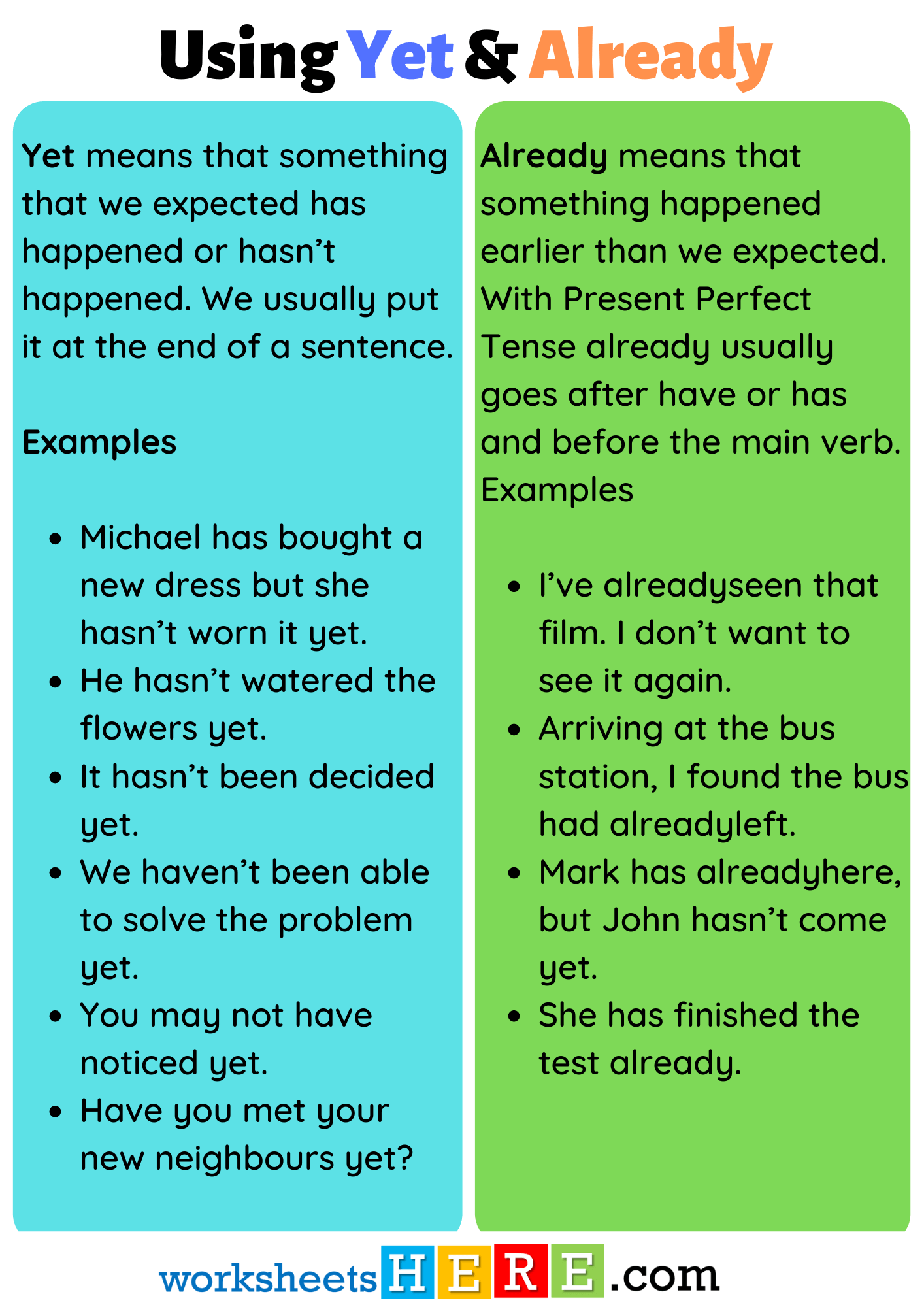 Using Yet and Already and Example Sentences PDF Worksheet For Students