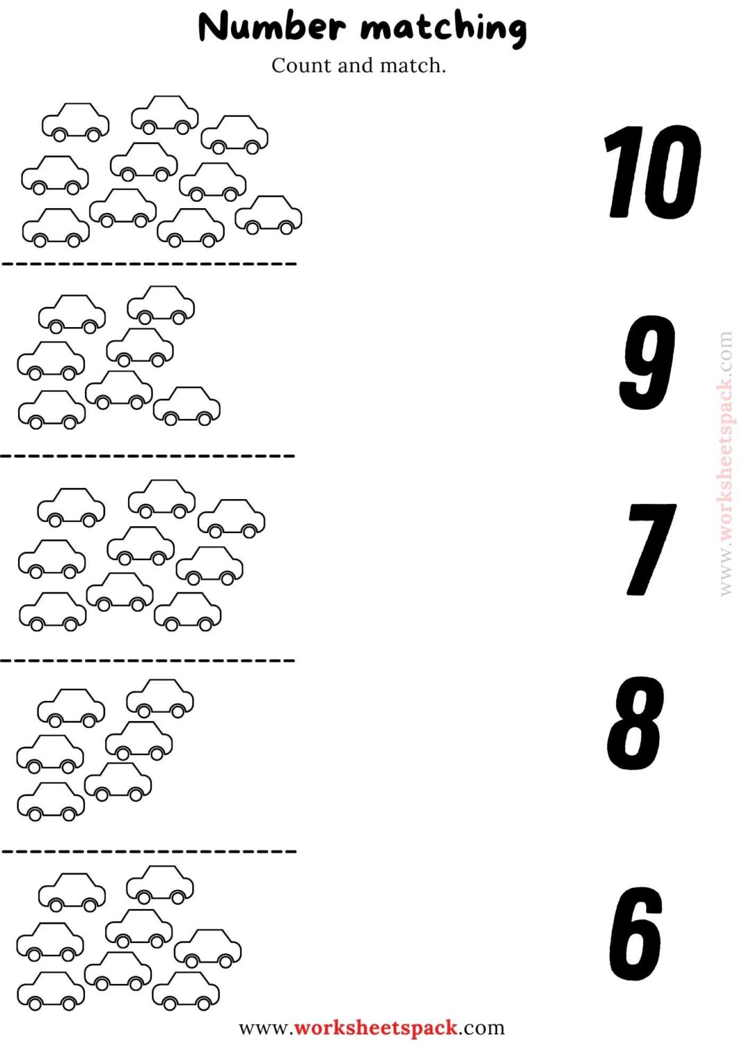 Number matching game with cars worksheetspack