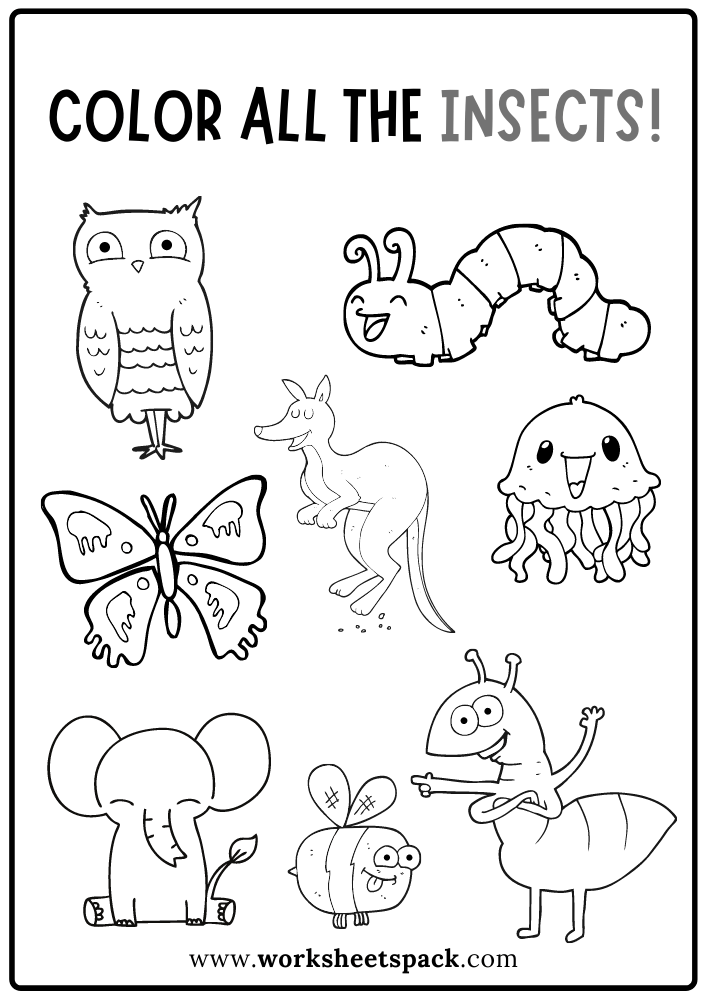 Color All the Insects Worksheet, Free Insects Coloring Book PDF