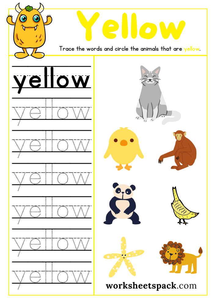 Yellow Color Sheet Printable Free PDF, Color Yellow Worksheet for Preschool worksheetspack