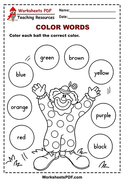 Balls Color Words Activity - Worksheets Pdf