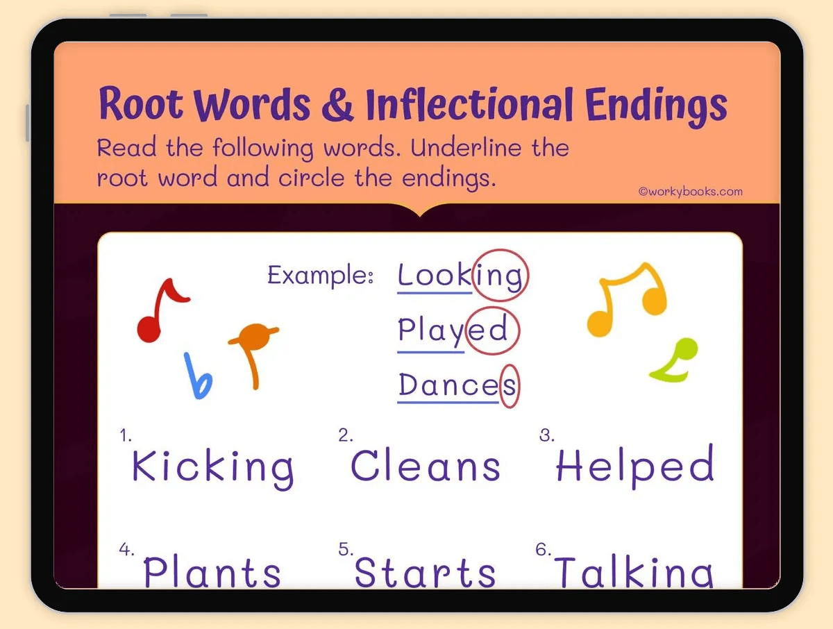 Root Words & Inflectional Endings Worksheet | L.1.4.C,L.1.4,RF.1.3.F