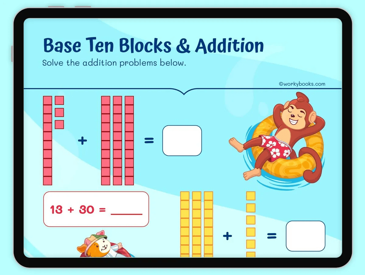 Base Ten Blocks and Addition Worksheet 1.NBT.B.3,1.NBT.C.4,1.NBT.C.5 Workybooks