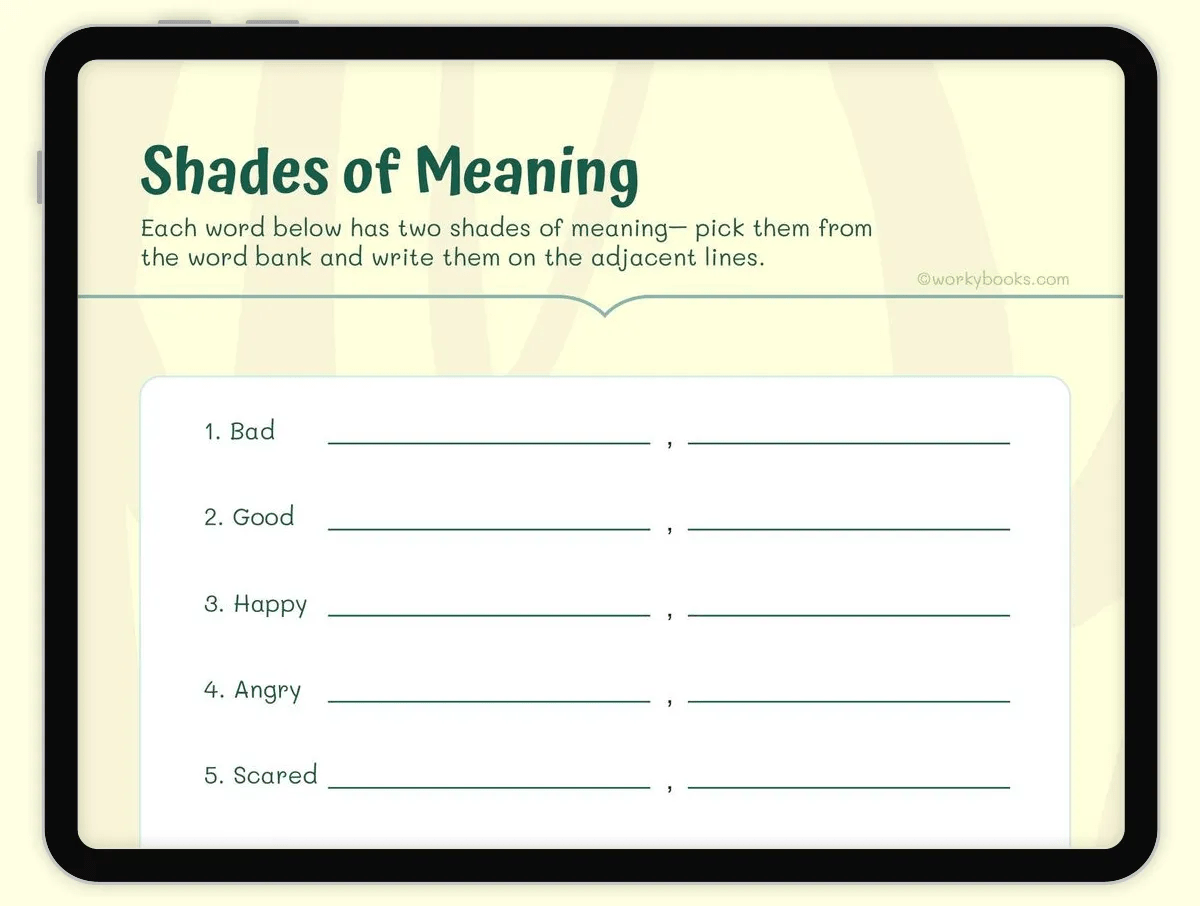 3rd Grade Shades of meaning Worksheet | L.3.5.C,L.3.5,L.2.5.B,L.2.5