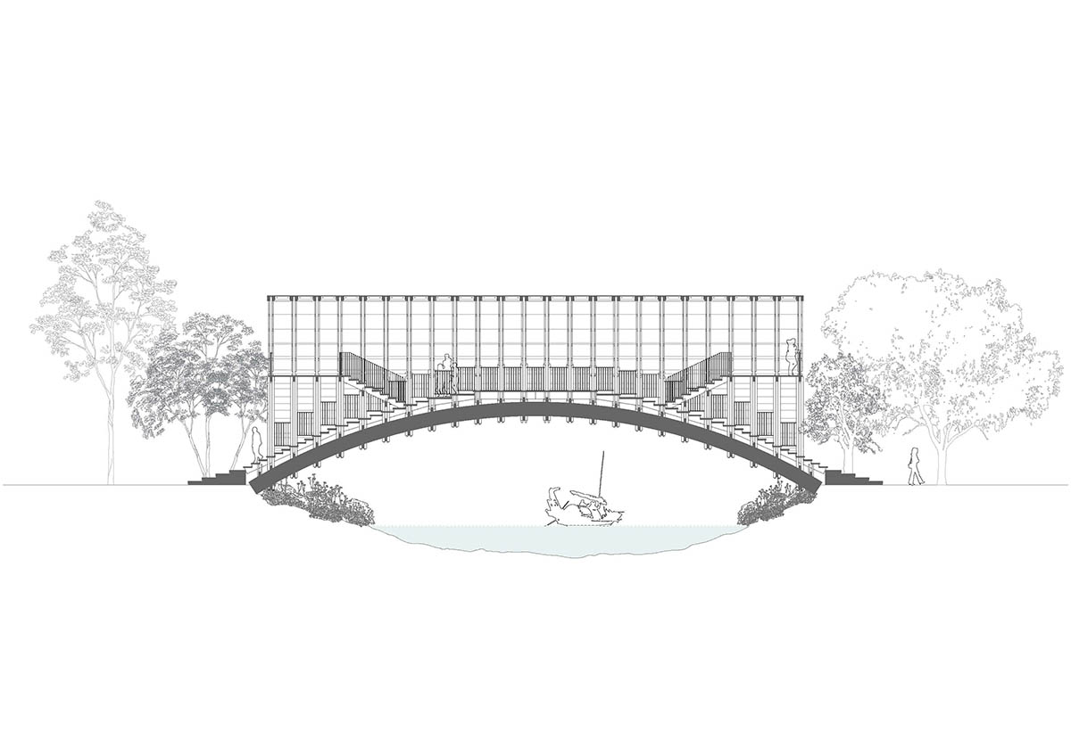 Arched timber bridge by LUO studio allows boats to pass under bridge