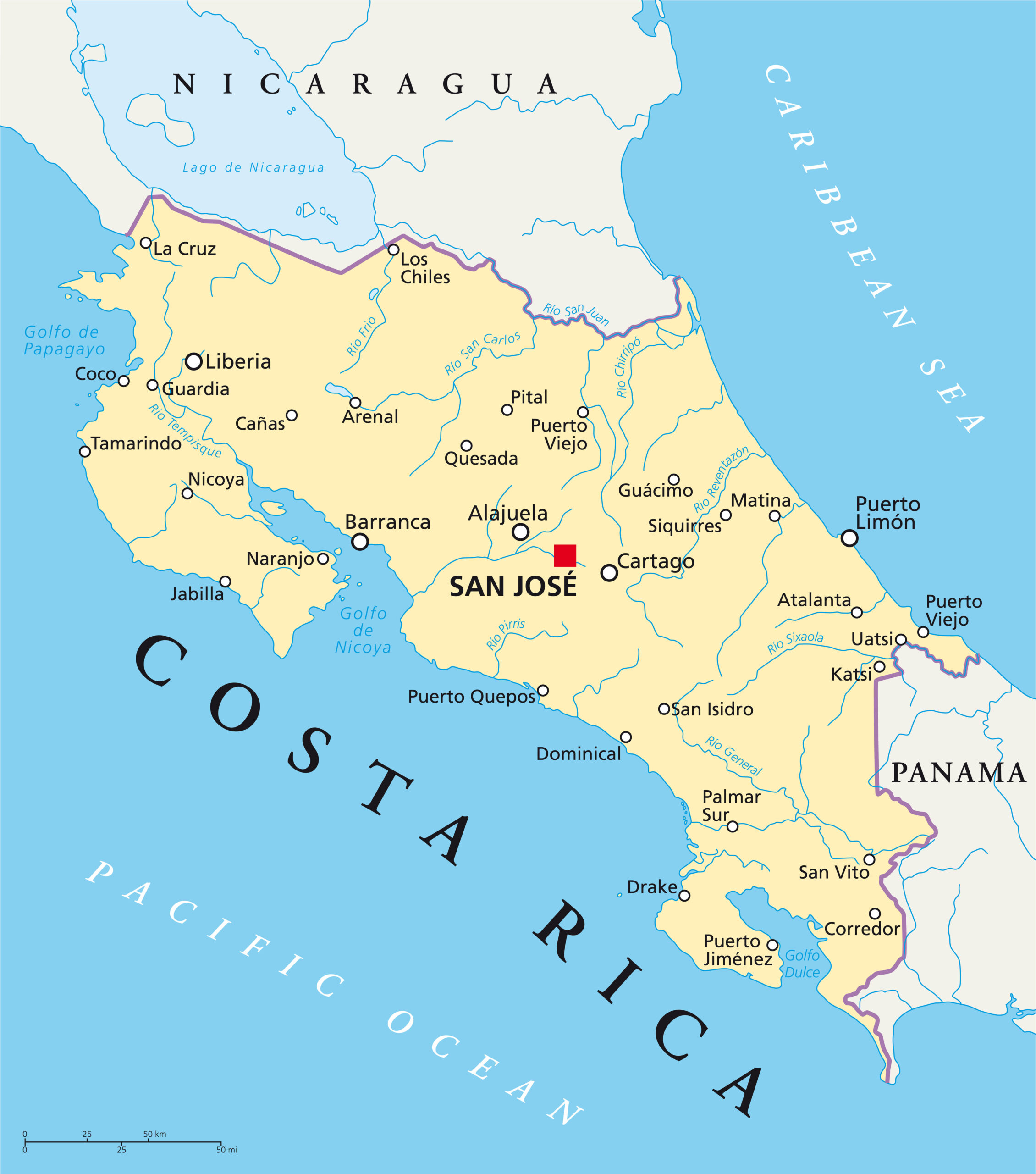 Costa Rica political map with capital San José, national borders, most